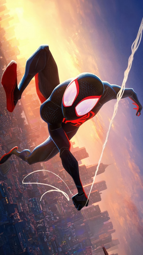 Miles Morales swinging through a city at sunset