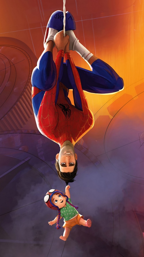 Spider-Man holding a baby girl upside down