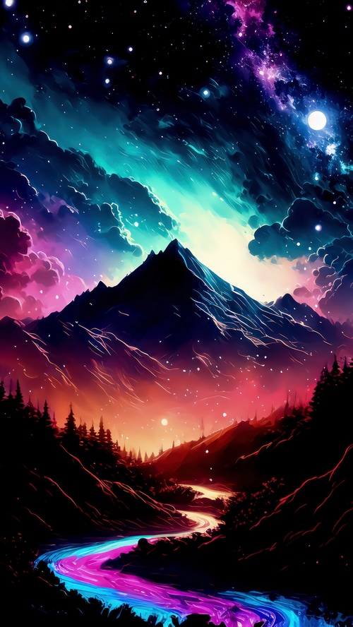 Colorful Mountain Valley Under a Starry Sky