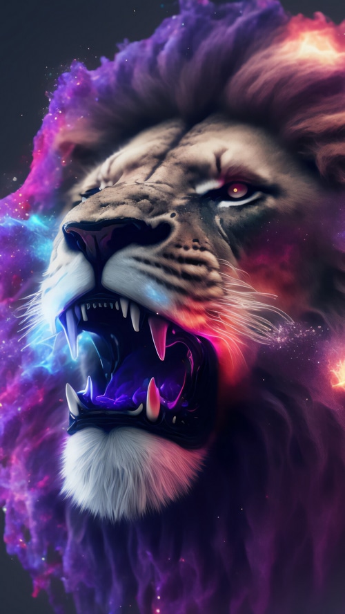 Lion Roaring with Colorful Nebula Mane