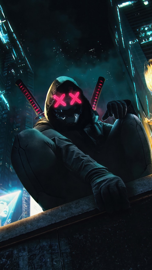 Cyberpunk ninja with katana and glowing mask