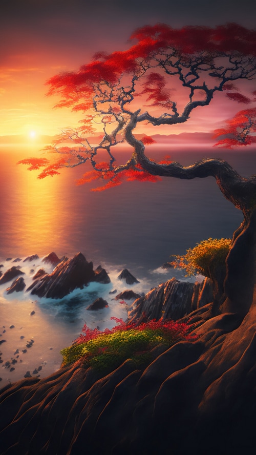 Sunset over the sea with a tree on the coast