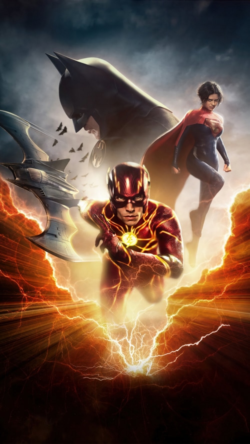 The Flash, Supergirl, and Batman in a DC Movie Poster