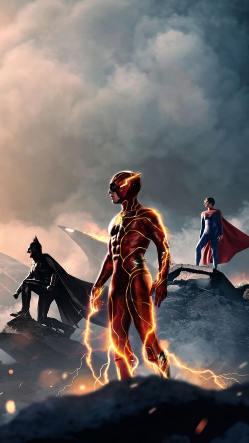 The Flash, Batman, and Superman in a Dramatic Scene