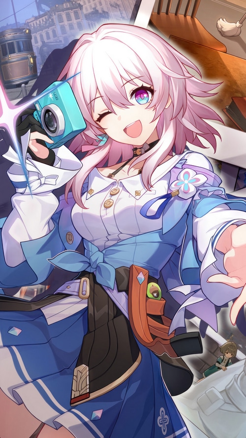 March 7th from Honkai: Star Rail holding a camera