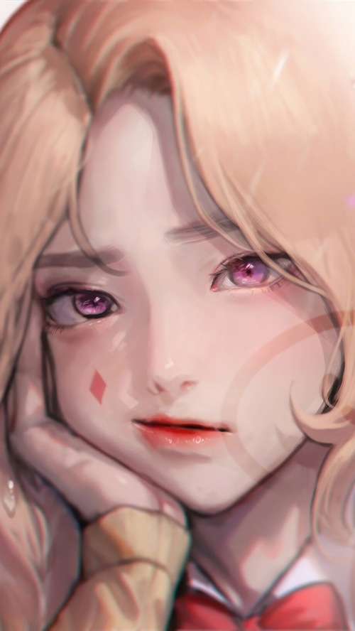 Anime Girl with Blonde Hair and Purple Eyes
