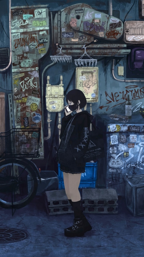Anime girl in alleyway with graffiti