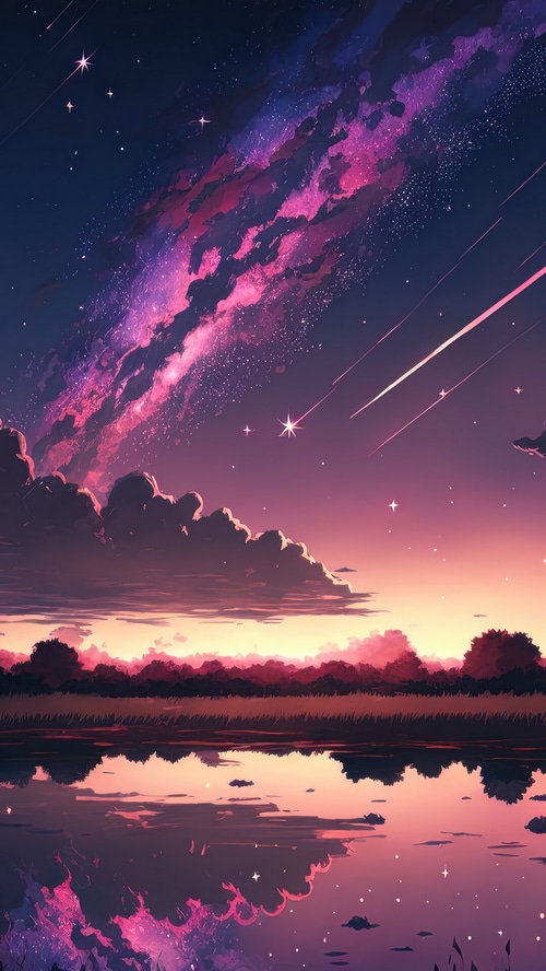 Anime Sunset with Shooting Stars and Reflection