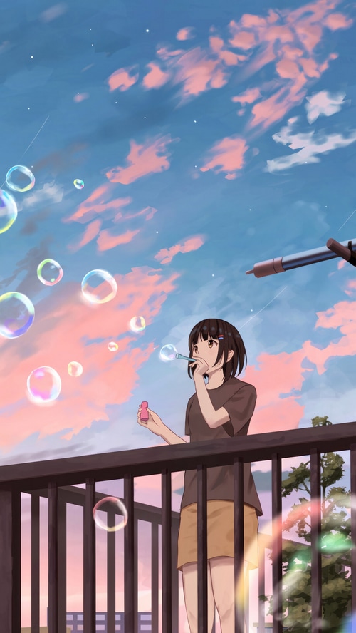 Anime girl blowing bubbles at sunrise