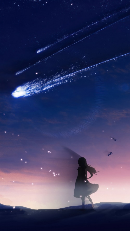 Anime girl watching comets in the night sky