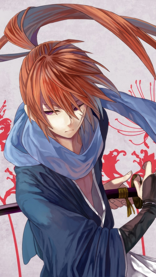 Kenshin Himura with a sword and blue scarf