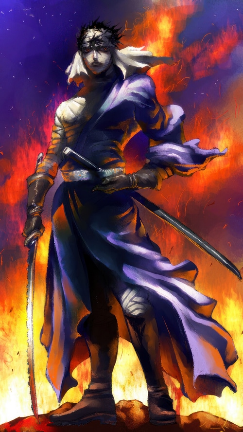 Makoto Shishio in front of flames