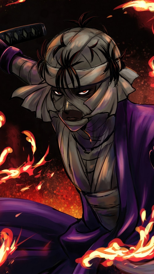 Makoto Shishio with Katana surrounded by flames