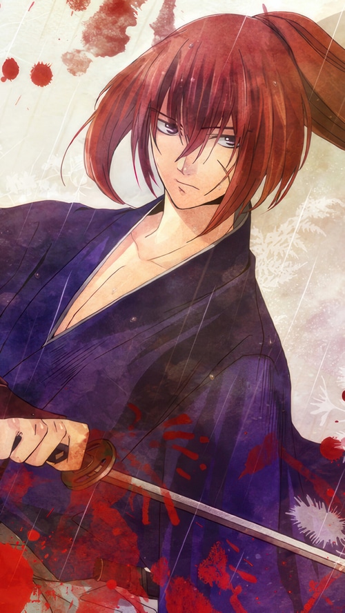 Kenshin Himura with a sword in the rain