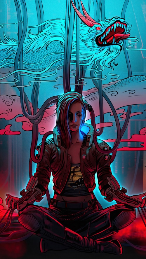 Cyberpunk 2077 V meditating with a dragon