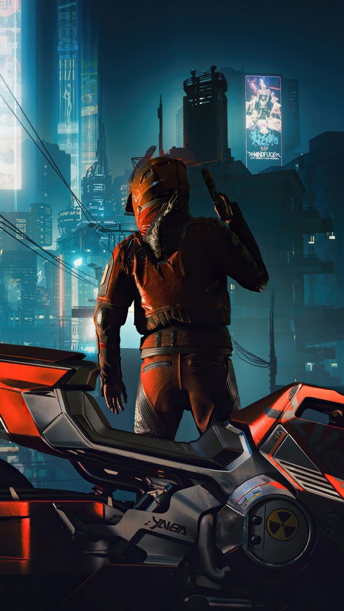 Cyberpunk 2077 character with motorcycle in neon city