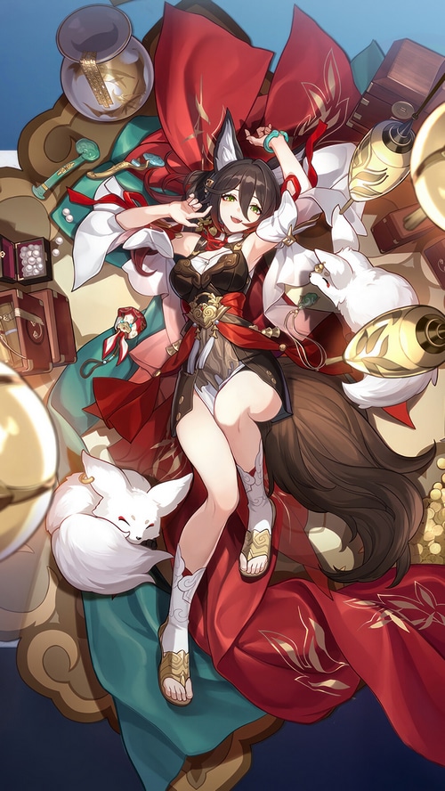 Tingyun from Honkai Star Rail lying down with foxes