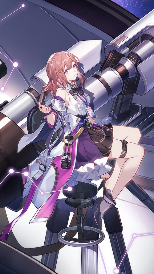 Asta from Honkai Star Rail sitting on a telescope
