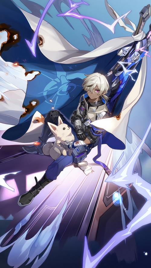 Arlan from Honkai Star Rail with a small white dog