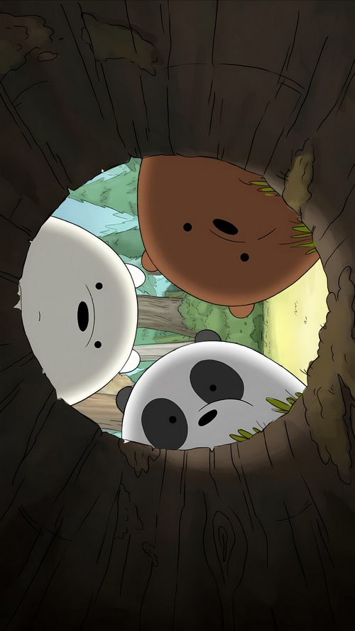 We Bare Bears looking down a tree trunk