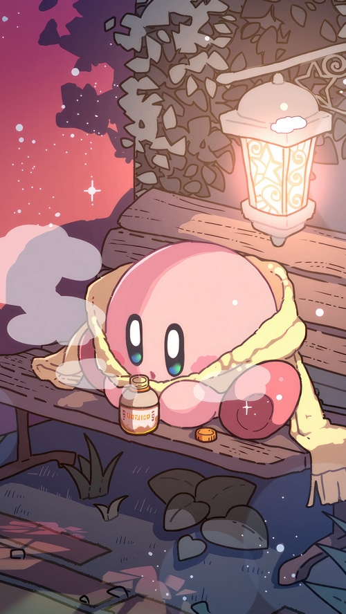 Kirby sits on a bench with a scarf and medicine bottle