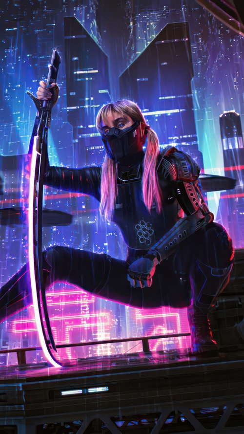 Cyberpunk assassin with a glowing katana in a neon city