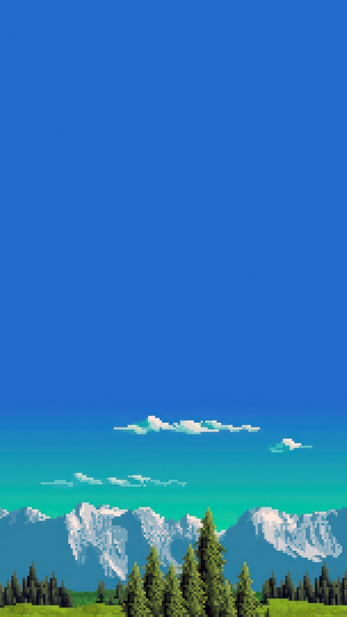 Pixel art landscape with mountains and trees