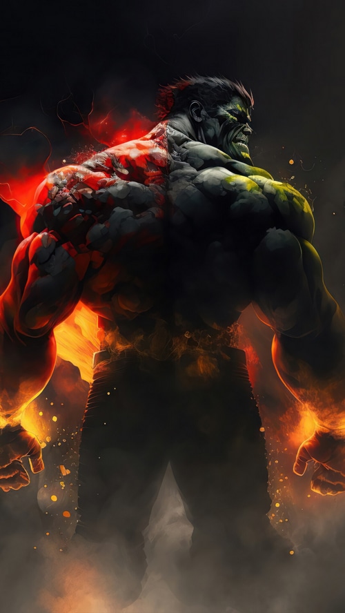 The Hulk burning with red and yellow energy