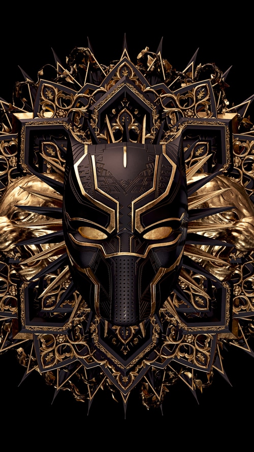 Black Panther Mask with Golden Ornate Background
