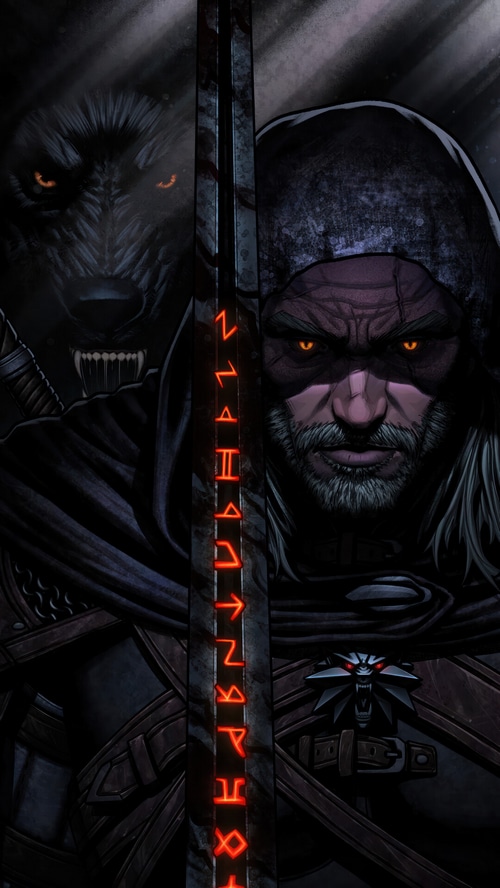 Geralt of Rivia and a wolf with runes on a sword