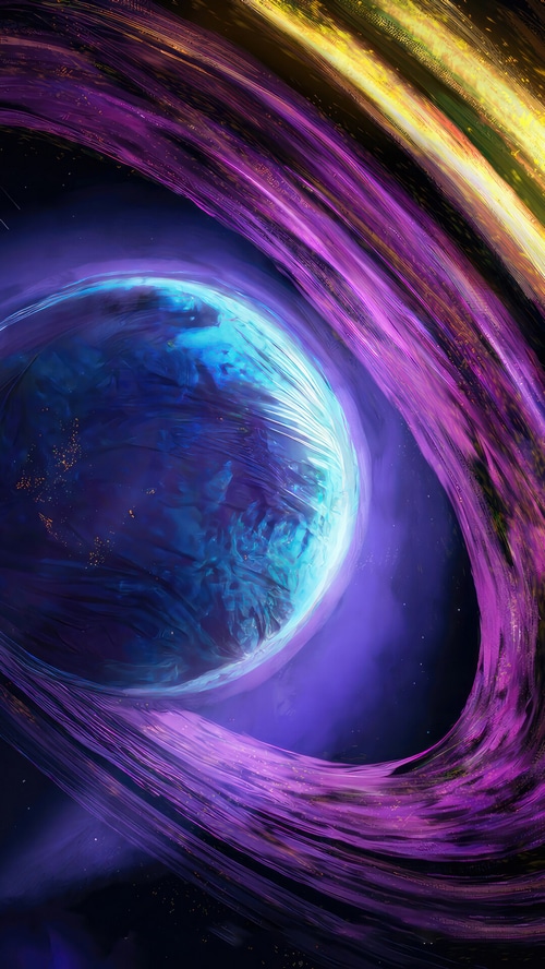 Digital art of a planet with purple and yellow rings