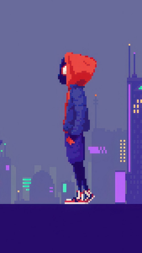 Pixel Art Miles Morales Standing on a Rooftop