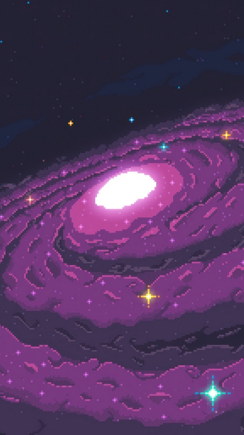 Pixel art galaxy with purple nebula and stars