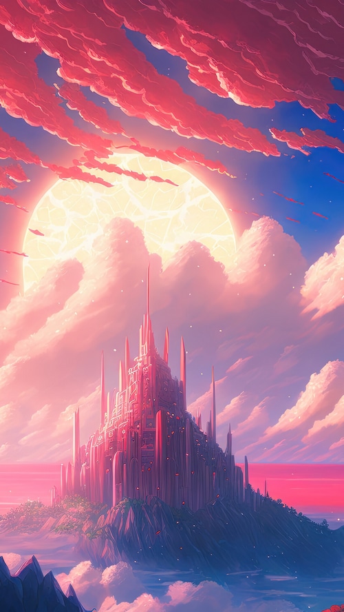 Fantasy Castle Under a Giant Sun and Pink Clouds