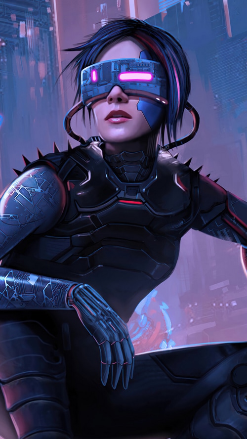 Cyberpunk girl with futuristic goggles in a city