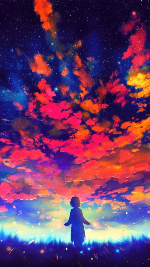 A child gazes at a colorful, starry sky