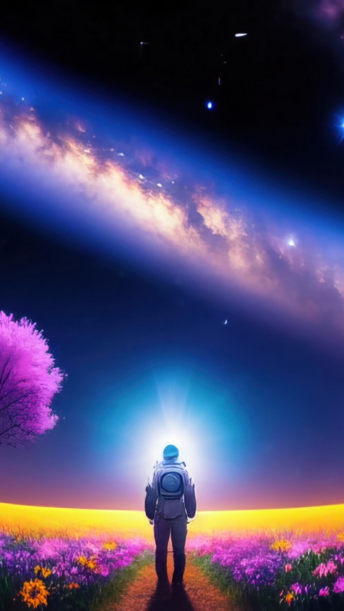 Astronaut in a colorful field under a galaxy