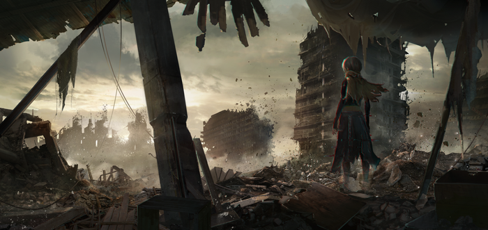 Girl in a destroyed city