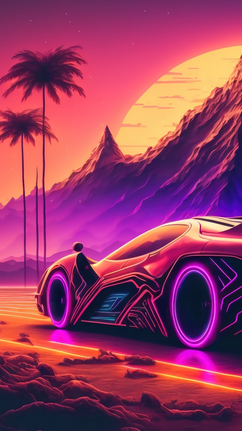 Futuristic sports car on a neon road at sunset
