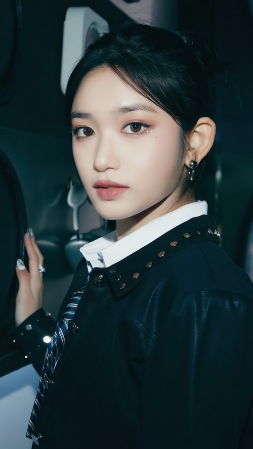 Leeseo from IVE in a black jacket