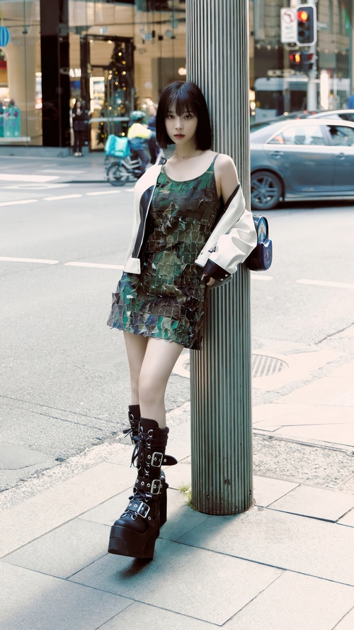 Winter from Aespa in a green dress and platform boots