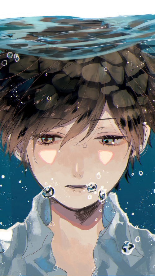 Anime boy underwater with bubbles