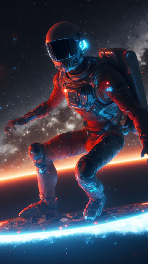 Astronaut surfing in space with glowing planets