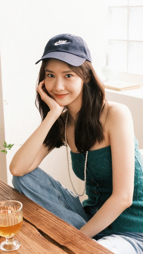 Yoona wearing a Nike cap and pearl necklace