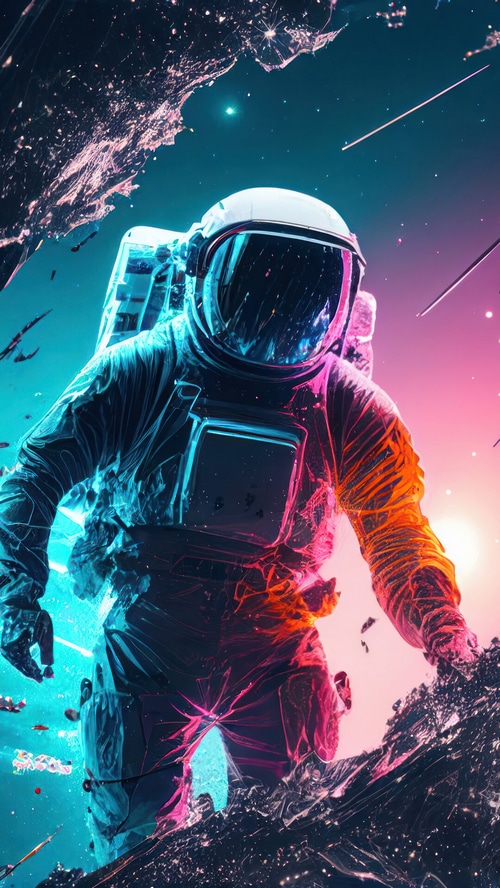 Astronaut in a colorful cosmic landscape
