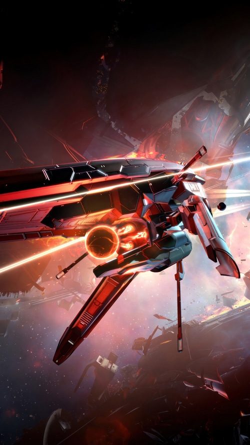 EVE Online space battle with a red and black spaceship