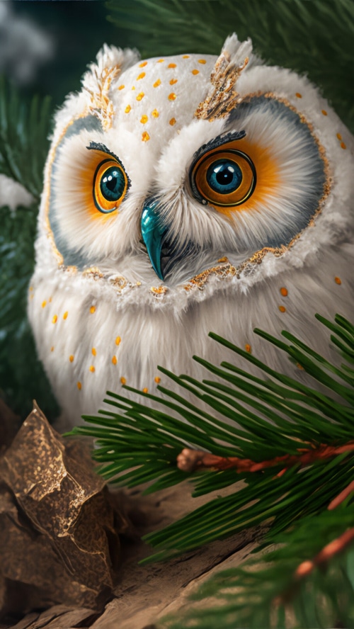 Close-up of a white owl with blue eyes