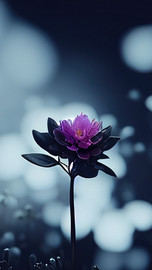 Purple flower with dark leaves on a dark background
