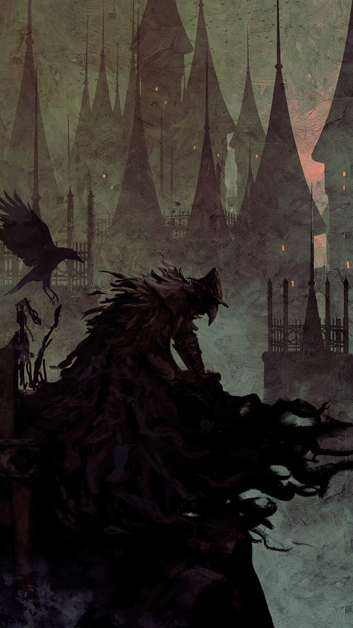 Eileen the Crow in a dark, gothic city