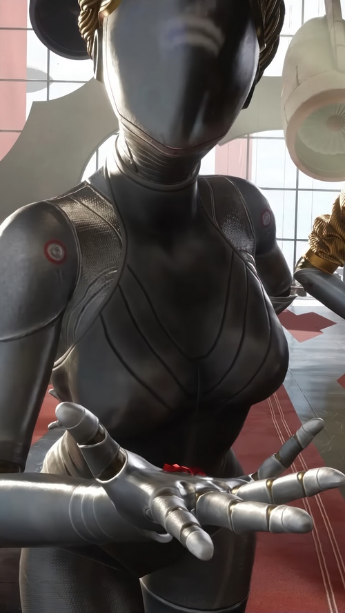 Female robot from Atomic Heart holding a red object